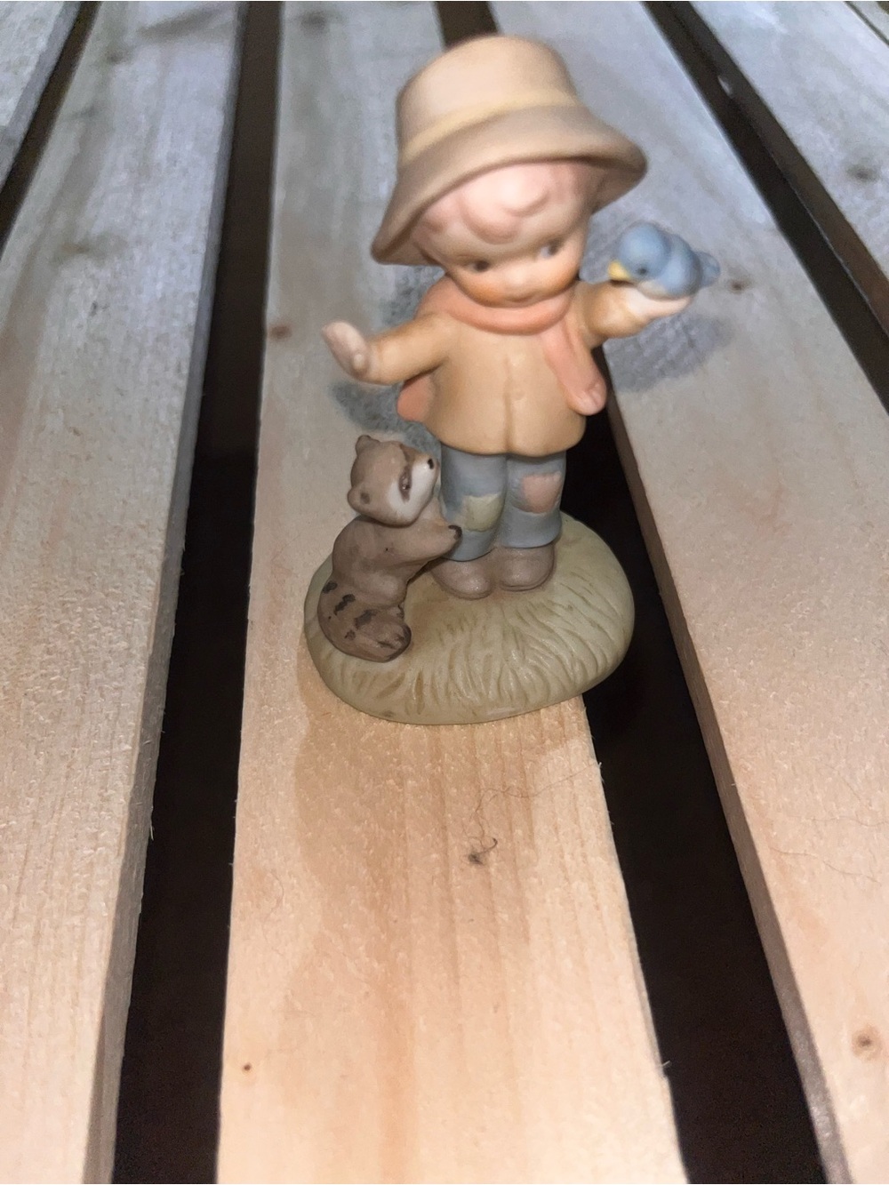 Lefton Pastel Boy Figurine with Blue Bird and Tan Base